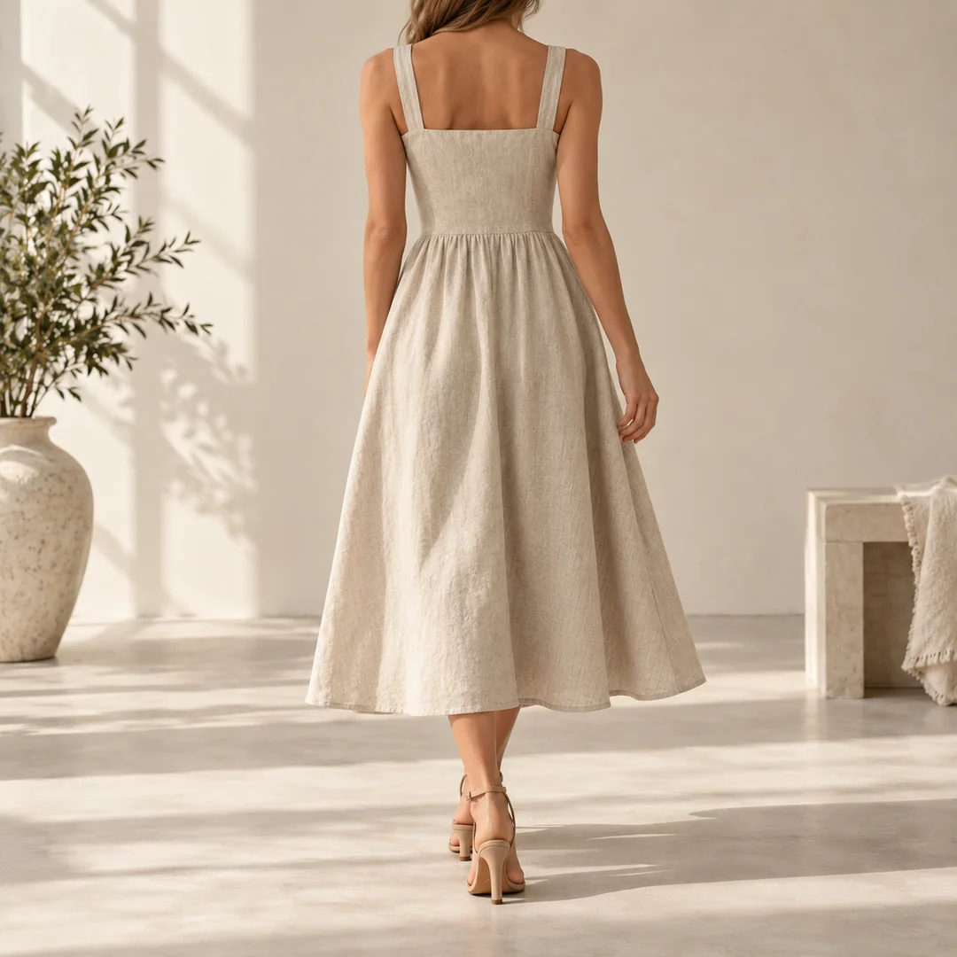 Alia Linen Midi Dress — Oatmeal